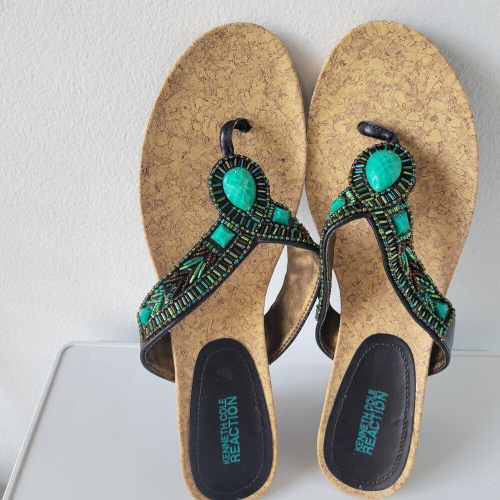 Kenneth Cole Boho Style Green beaded Wedge Sandals (Size: 9½)